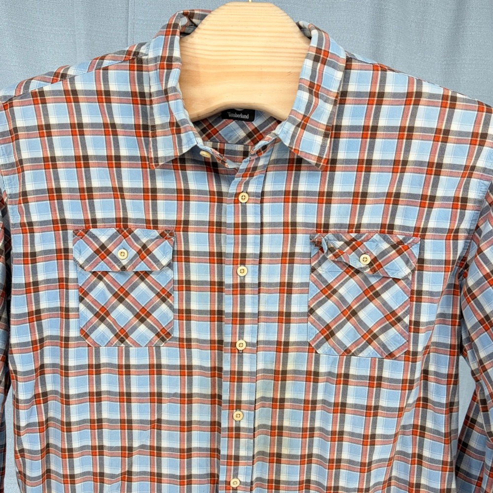 Timberland Button Down Shirt 2XL Blue Orange Plaid Roll-Tab Long Sleeve Cotton